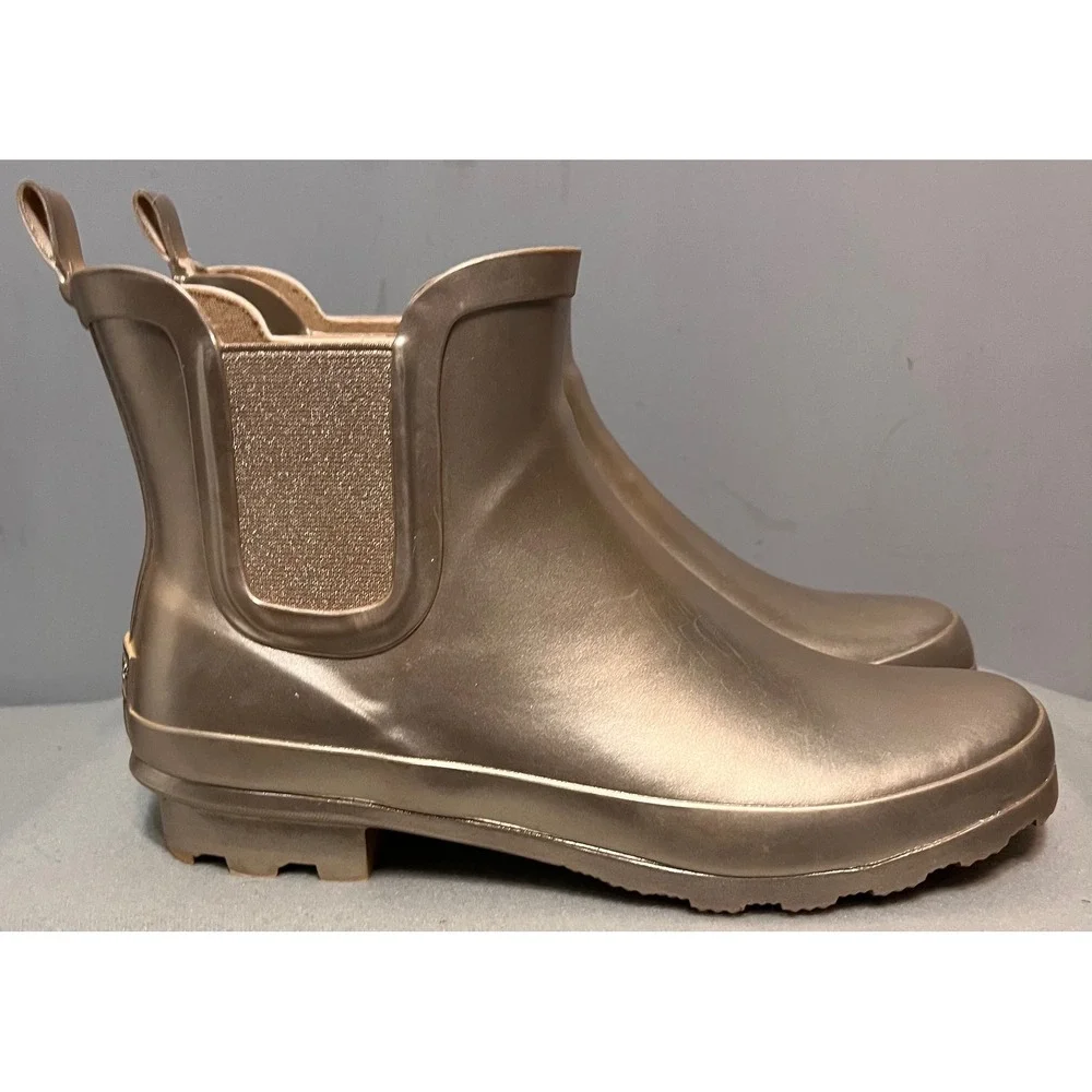 London Fog Womens Wembley Champagne Gold Rain Boots Ankle Rubber Waterproof Sz 8